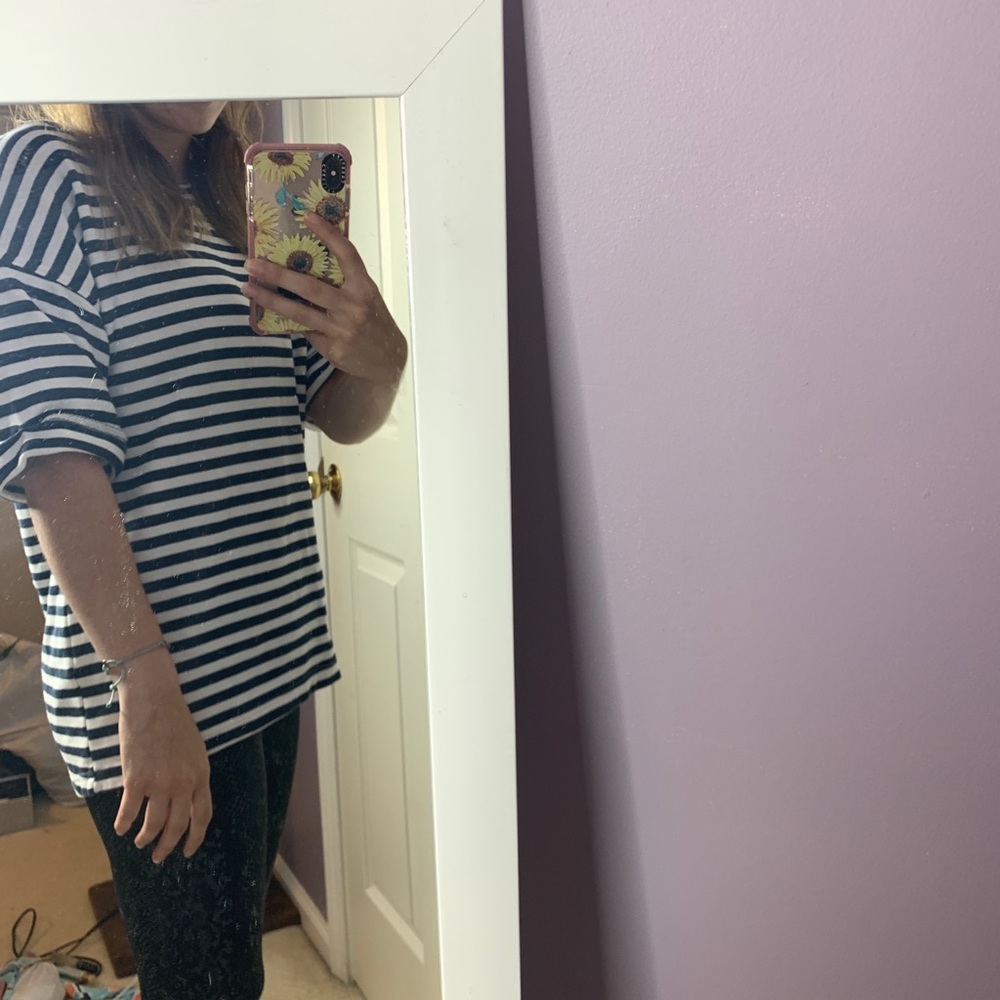 S Boxy blue and white stripe zipper tee